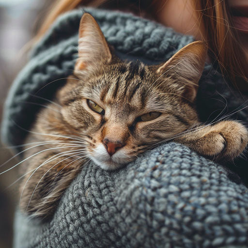 Brown cat being held by its owner