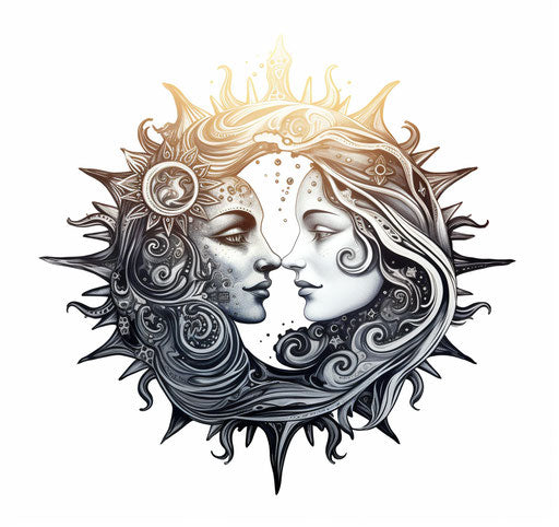 Sun and moon in tattoo design ink drawing style, serene faces, whimsical illustration, Minoan art, shiny monochrome painting 19:18