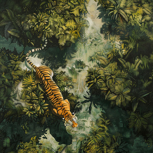Tiger crossing the winding rivers in dense jungle