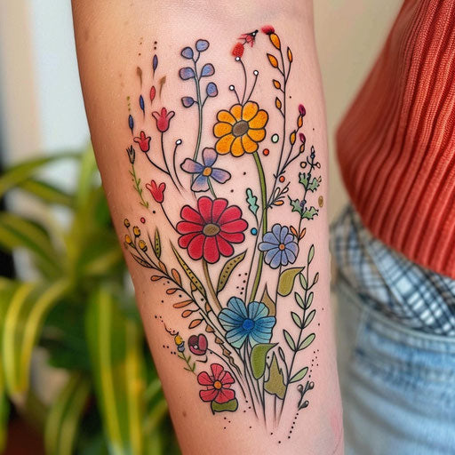 Whimsical wildflower tattoo, cartoon style, bright colors, playful elements