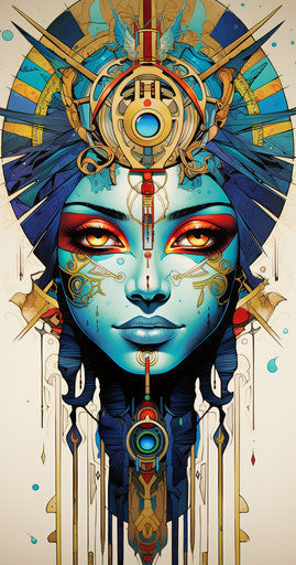 Egyptian ankh with eye and crown, colorful moebius style