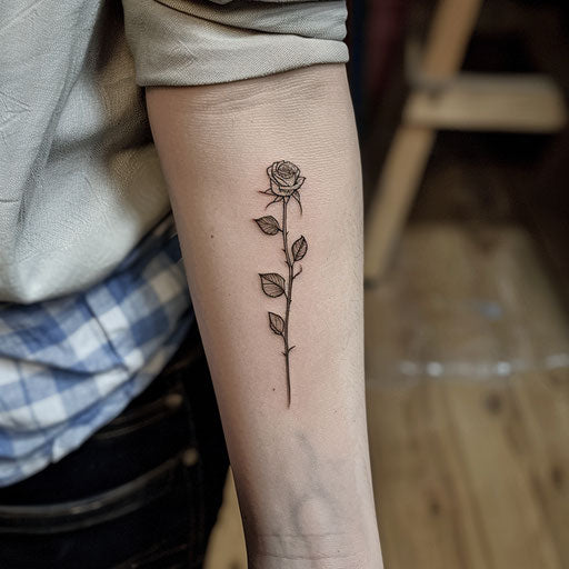 Simple tattoo of a single rose, in the style of Adrian Smith, on the forearm