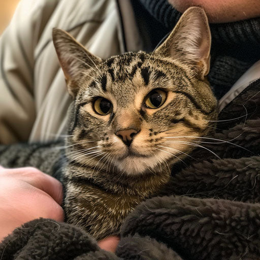 Brown cat being held by its owner