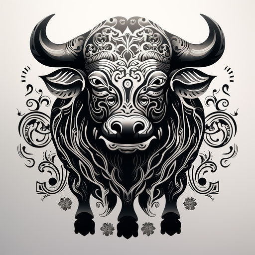Black and white illustration of Zodiac Bull, Fernando Amorsolo style, tribal abstraction