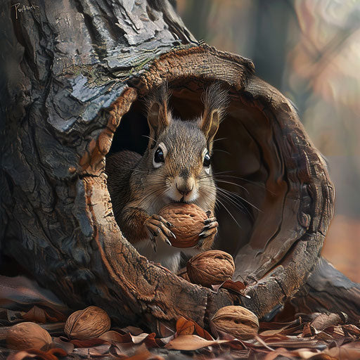 Squirrel with nuts in a hollow log in the style of Will Burrard-Lucas