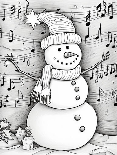 Snowman and music notes coloring page