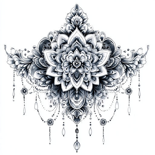 Intricate mandala sternum tattoo design in flat clipart style