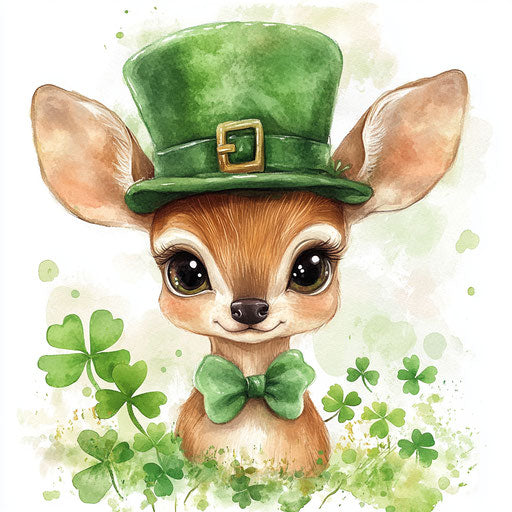 Cute St. Patrick's Day baby deer with big eyes in green hat