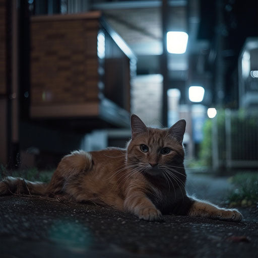 Brown cat lying outside at night