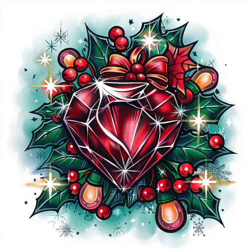 Festive tattoo sketch of a ruby surrounded by holiday lights and snowflakes, clipart style