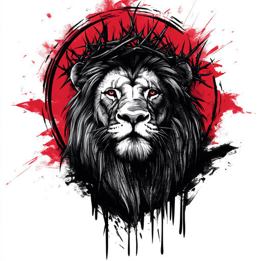 Lion tattoo crown of thorns black red sketch