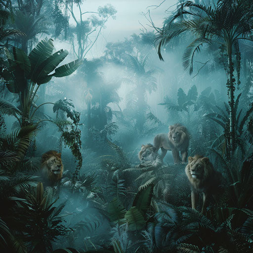 Lions hunting in a dense misty jungle