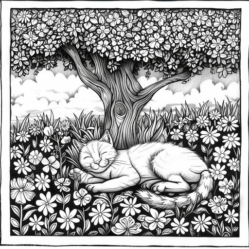 A cat napping under a tree in full bloom. Coloring book page