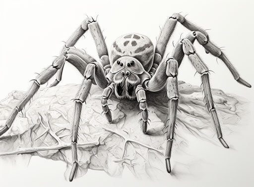 Drawing of a spider in black and white, high resolution style, detailed shading