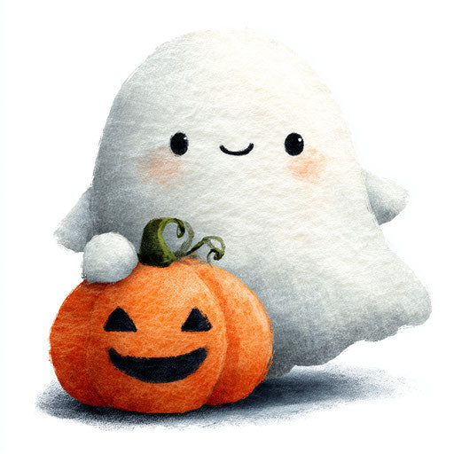 Cheerful Ghost with Pumpkin in Soft Watercolor Style