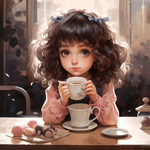 Little girl drinking coffee in front of a table, in the style of Dolly Kei, cute and dreamy