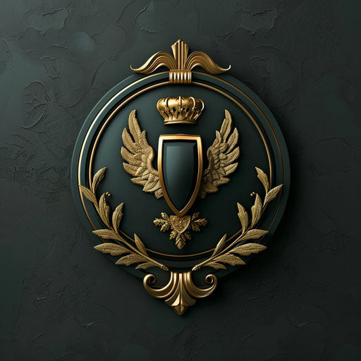 3D logo with a traditional font and classic emblem, dark green and gold
