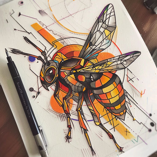 Abstract tattoo sketch of a wasp with geometric patterns and bright, contrasting colors