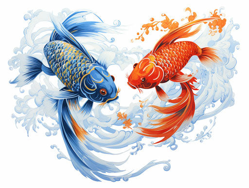 Two Chinese koi fishes in a pattern, sky-blue and blue style, clean sharp inking