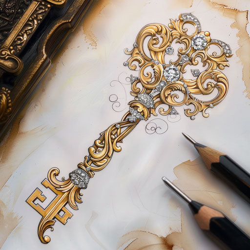 Luxurious tattoo sketch of a golden key with diamond embellishments