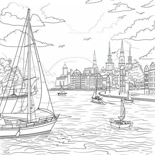 Riverside city with boats sailing on the river