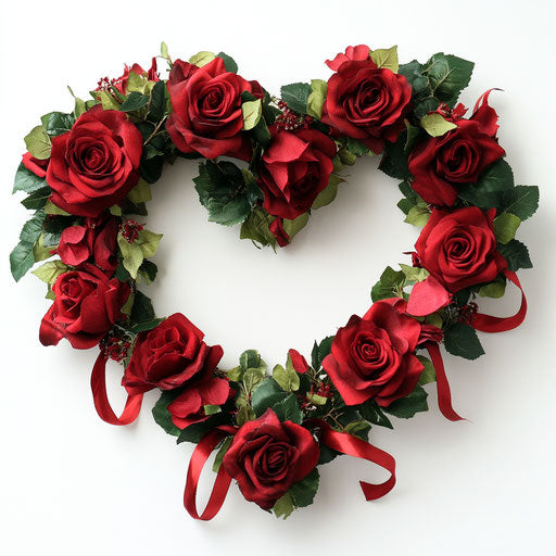 Heart-shaped wreath of red roses on white background
