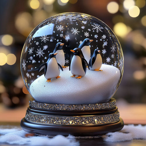 Playful penguins sliding in a snowy globe