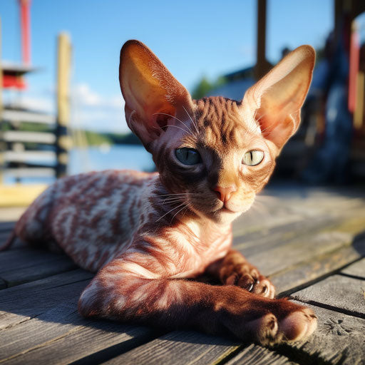 Devon Rex cat lying on a dock