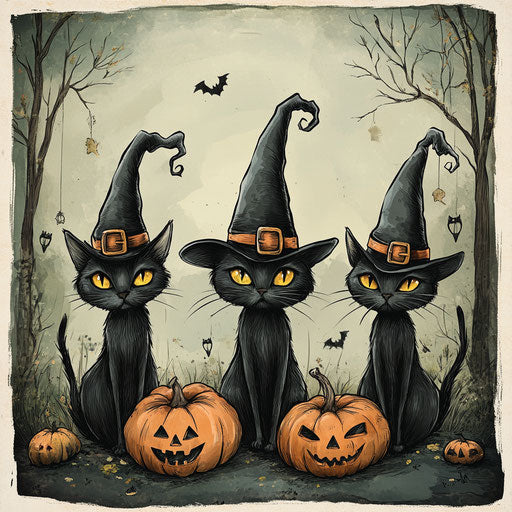 Three black cats in witches' hats, pumpkins, and Halloween decorations