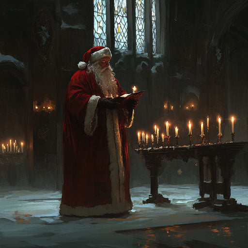 Santa in a quiet chapel, lighting candles and reflecting peacefully