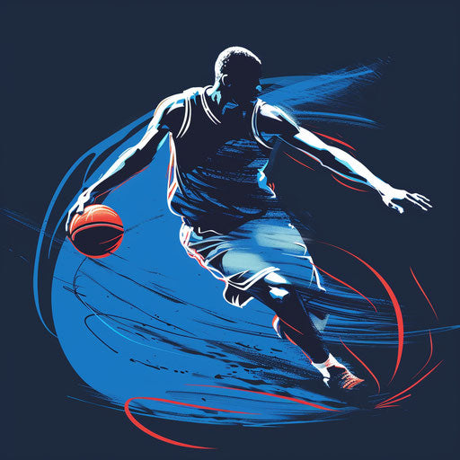 Modern sketch of basketball player dribbling, sleek lines, digital blue theme