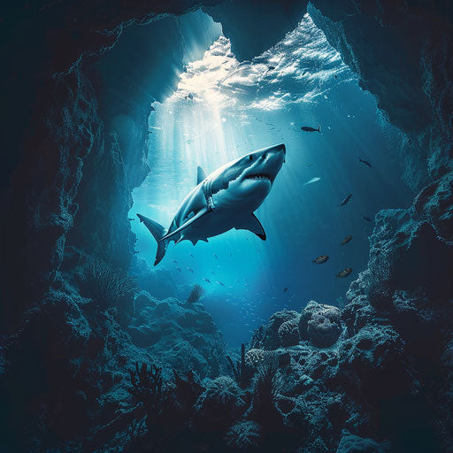 Giant white shark patrolling near an underwater cave