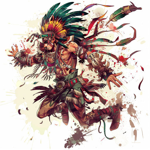Anime-inspired Aztec warrior tattoo scene, featuring dynamic poses