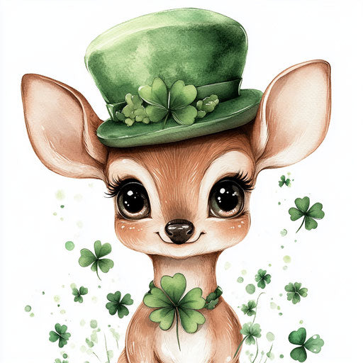 St. Patrick's Day cute baby deer with big eyes wearing a green hat, clovers everywhere, clipart on a white background, watercolor style