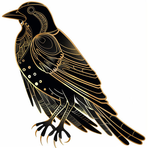 Flat clipart-style tattoo sketch of a blackbird in an art deco design with elegant gold and black lines