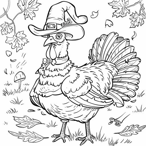 Turkey in pilgrim outfit, coloring book page