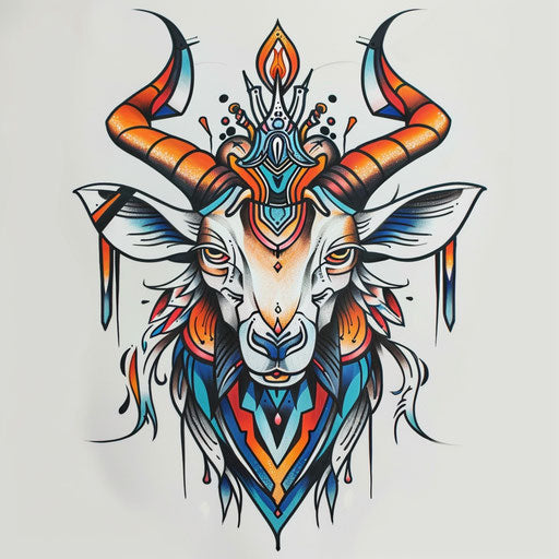 Neo-traditional goat tattoo design with bold colors