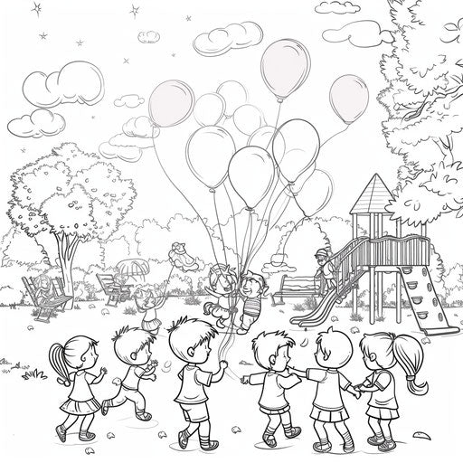 Playful scene of children having a balloon fight in a playground