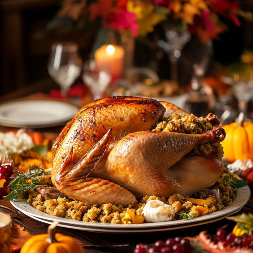 Golden turkey with stuffing, vibrant autumn decoration