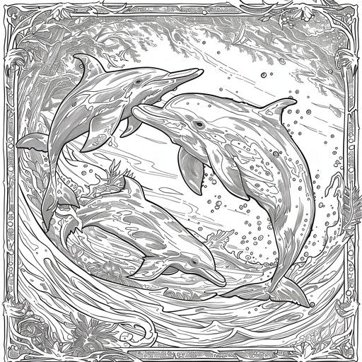 Epic dolphins with mythical sea creatures in the style of a Mark Schultz coloring book page