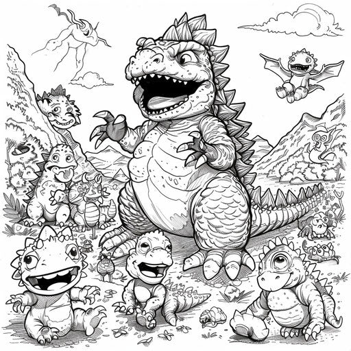 Young Godzilla playing with other baby monsters. Coloring book page