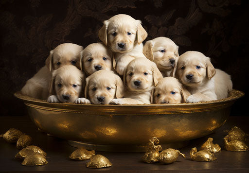 Adorable golden retriever puppies sitting in a bowl
