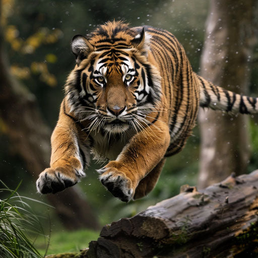 Tiger leaping gracefully over a fallen tree