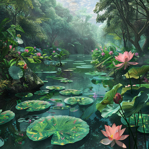 Tranquil pond with lily pads and lotus
