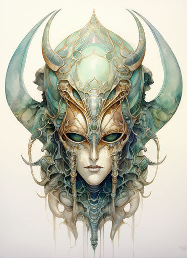 Egyptian mask with horns and eye, light gold and emerald style