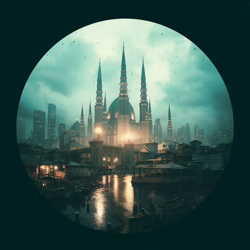 Malaysian city real photos, spiritual symbolism style