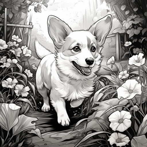 Corgi puppy walking in the meadow, black and white coloring page