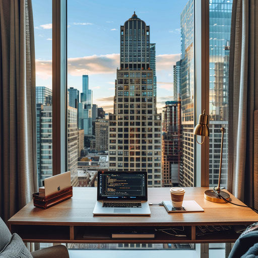 Cozy office nook with city skyline view