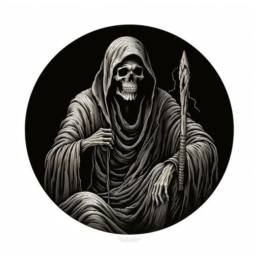 Black and white illustration of a grim reaper with a scythe