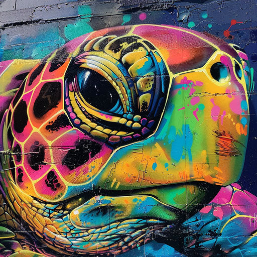 Graffiti-style turtle, vibrant and bold on a city wall